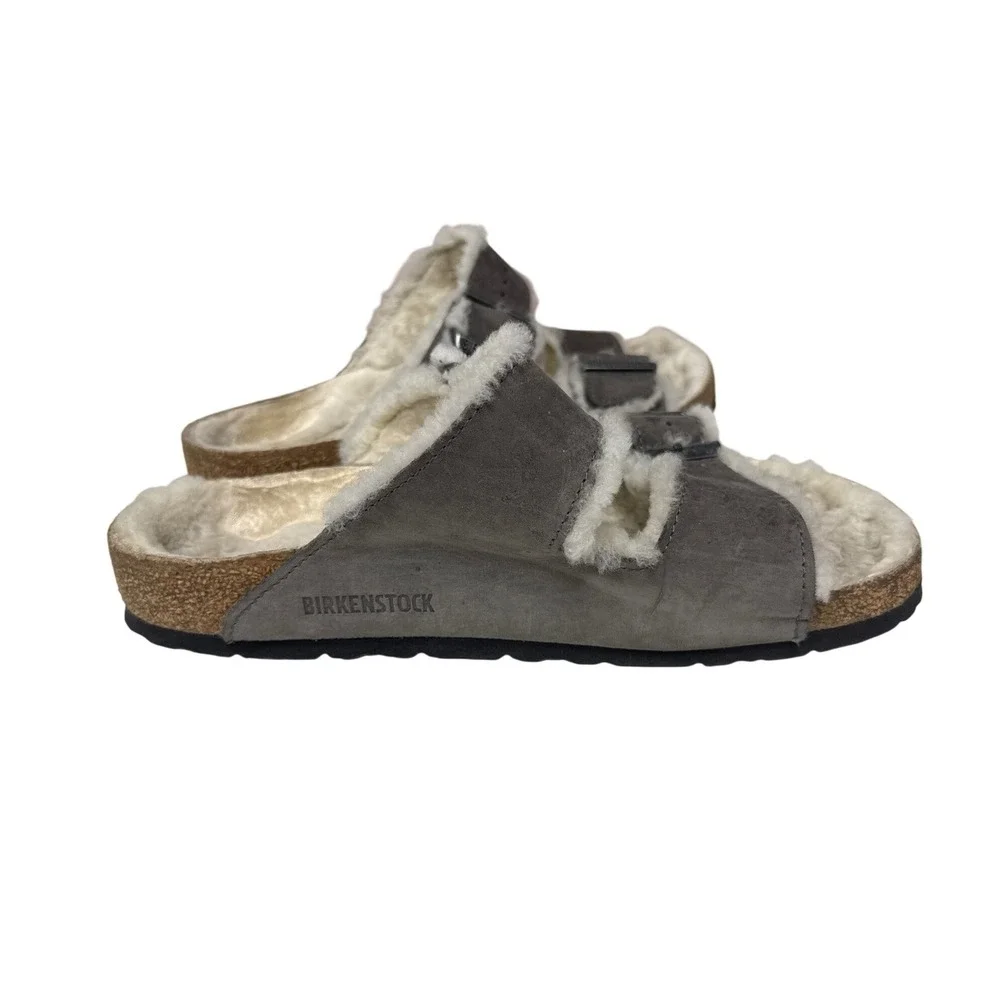 Birkenstock Arizona Shearling Sandals Womens 38 Gray Suede Double Strap Comfort
